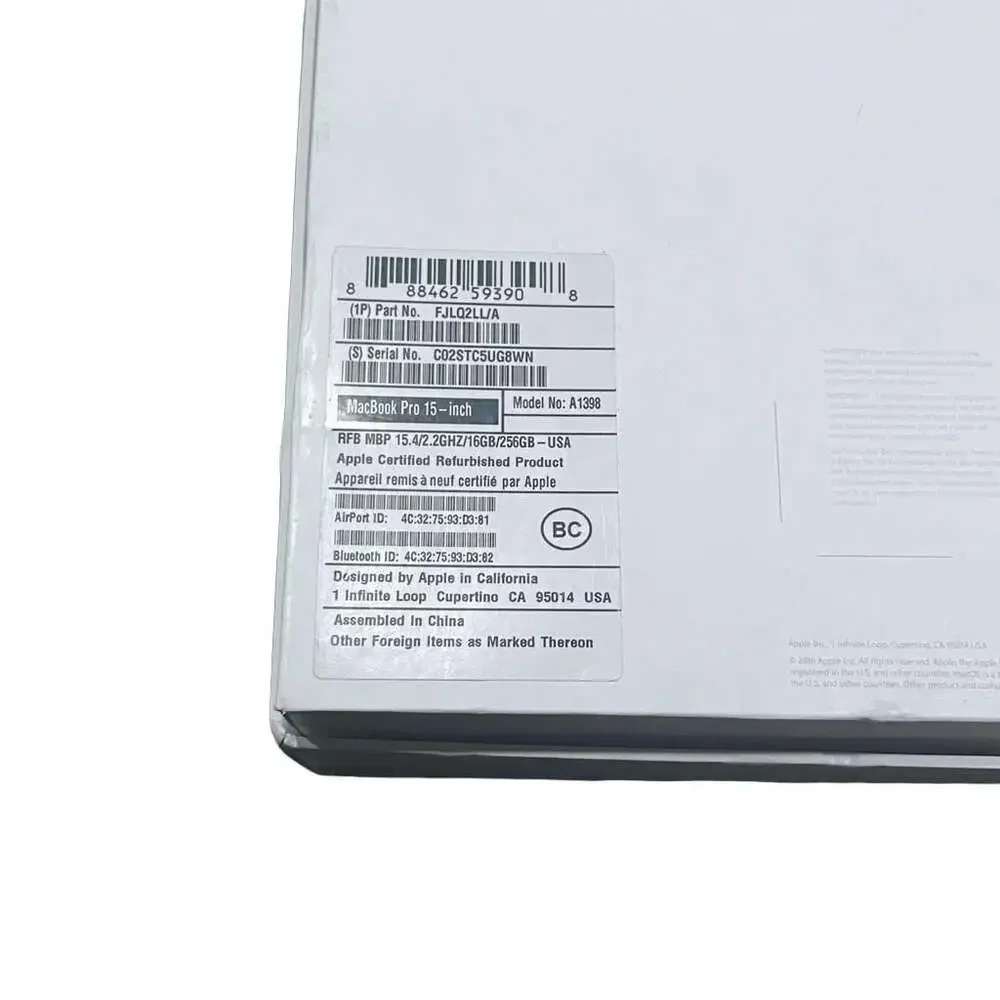 Apple MacBook Pro 15-inch Mid 2015 Refurbished Box and Accessories (Model A1398)